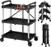 VEVOR Utility Cart, 300 lbs Capacity, 3 Tier Folding Service Cart with 360° Swivel Wheels (2 with Brakes), Heavy Duty Rolling with Trays & Side Tool Holder, Tool Storage for Garage Warehouse Workshop