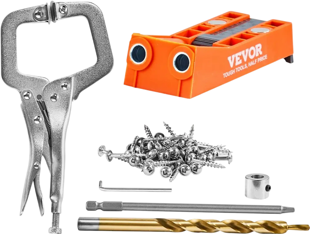 VEVOR Pocket Hole Jig, 56 Pcs Mini Jig Pocket Hole System with 9" C-clamp, Step Drill, Wrench, Square Drive Bit, Drill Stop Ring, and Screws, for DIY Carpentry Projects