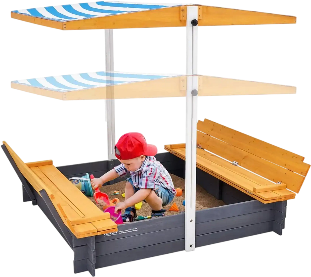 VEVOR Wooden Sandbox with Canopy, 57.3 x 47.2 x 47.2 in Sand Box, Sand Pit with Foldable Bench Seats and Bottom Liner, Natural Wood Kids Sandbox for Outdoor Backyard, Beach, Park, Gift for Ages 3-12