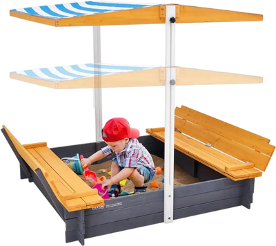 Vevor Sandbox Wooden Kids Sandbox with Canopy and Foldable Bench Seats 57.3