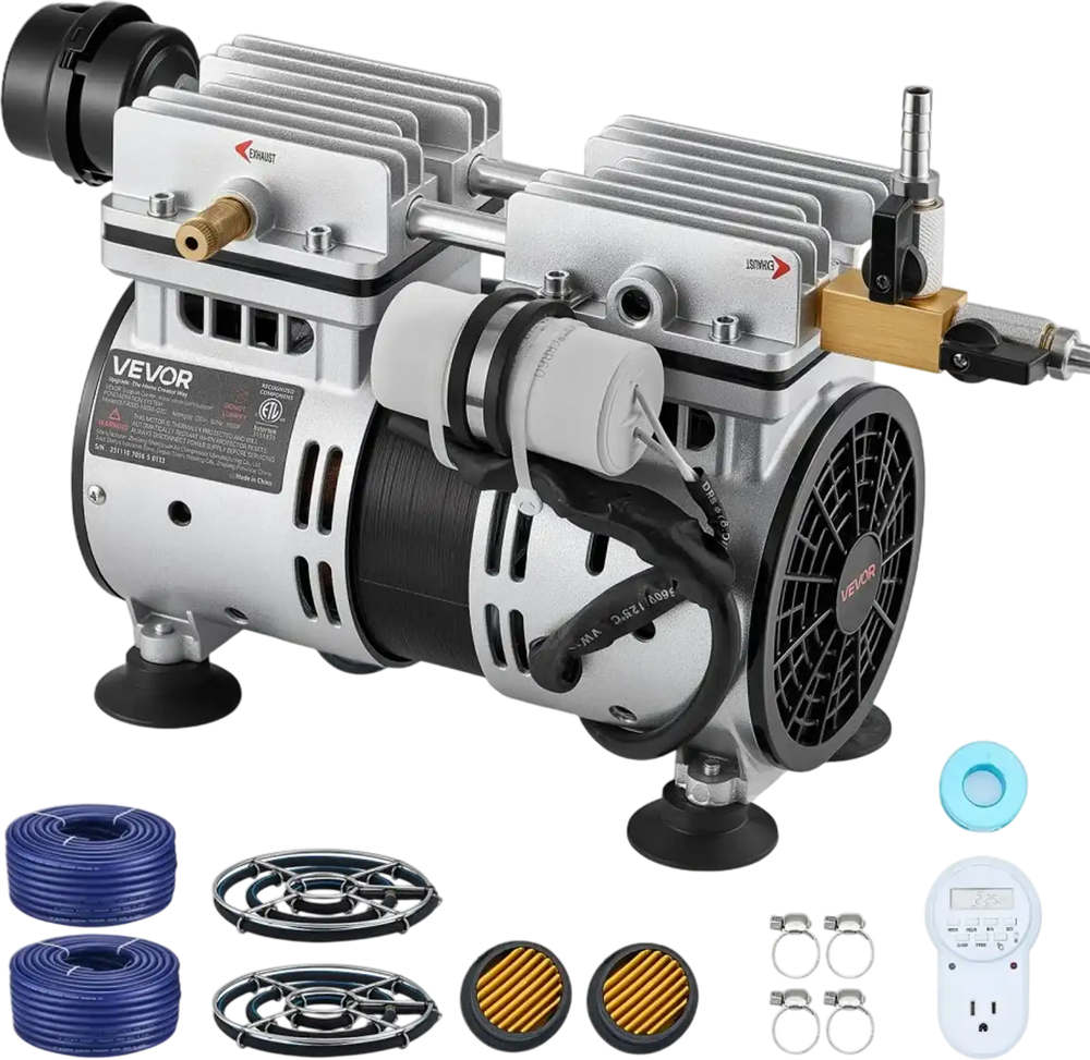 VEVOR Pond Aerators, 5.2CFM Aeration System for Lake up to 3 Acres, 3/4 HP Air Compressor, 2 Diffusesr & Two100' Weighted Tubings, Aeration Pump for Outdoor Ponds & Lakes Deep Water Oxygen Circulation