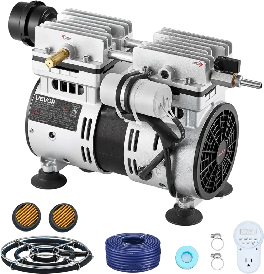 VEVOR Pond Aerators, 5.2CFM Aeration System for Lake up to 3 Acres, 3/4 HP Air Compressor, 1 Diffuser & 100' Weighted Tubings, Aeration Pump for Outdoor Ponds & Lakes Deep Water Oxygen Circulation