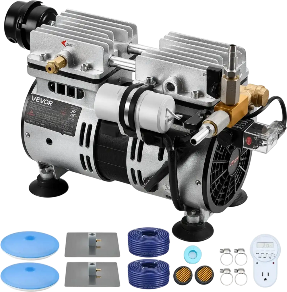 VEVOR Pond Aerators, 5.2CFM Aeration System for Lakes up to 3 Acres, 3/4 HP Air Compressor, 2 Diffusers & Two 100' Weighted Tubings, Outdoor Pond Aeration Pump for Deep Water Oxygen Circulation