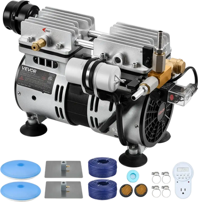 VEVOR Pond Aerators, 5.2CFM Aeration System for Lakes up to 3 Acres, 3/4 HP Air Compressor, 2 Diffusers & Two 100' Weighted Tubings, Outdoor Pond Aeration Pump for Deep Water Oxygen Circulation