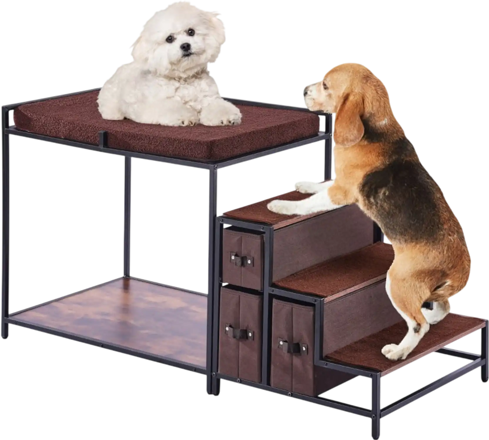 VEVOR Pet Bunk Bed with Stairs, Dog/Cat Window Perch with Storage, Multi-Level Bed Window Perch Dog Bedside Sleeper Couch, Pet Seat Platform for Medium Size Pet, Indoor Use (Dark Brown)