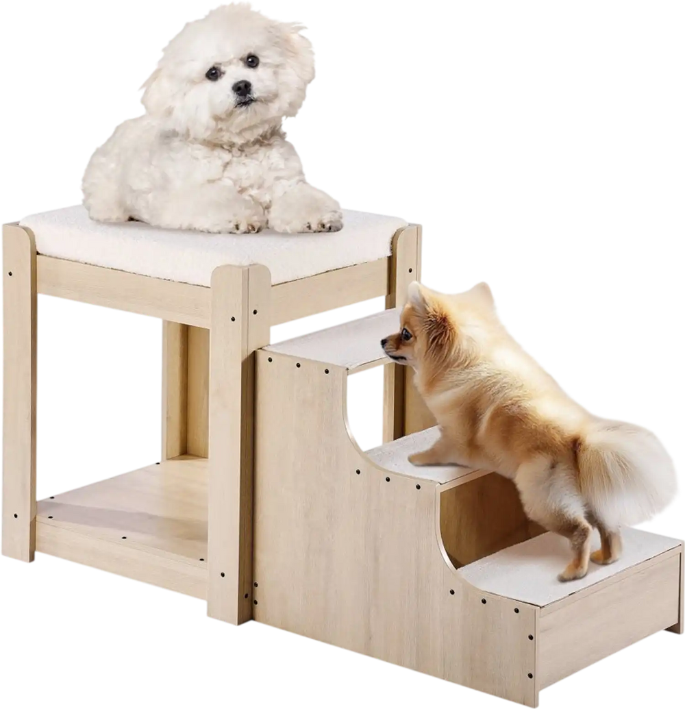 VEVOR Pet Bunk Bed with Stairs, Dog/Cat Window Perch, Multi-Level Bed Window Perch Dog Bedside Sleeper, Lounge Elevated Seat Platform with Foam Cushion,Pet Bed Couch for Bedside Indoor Use (Beige)