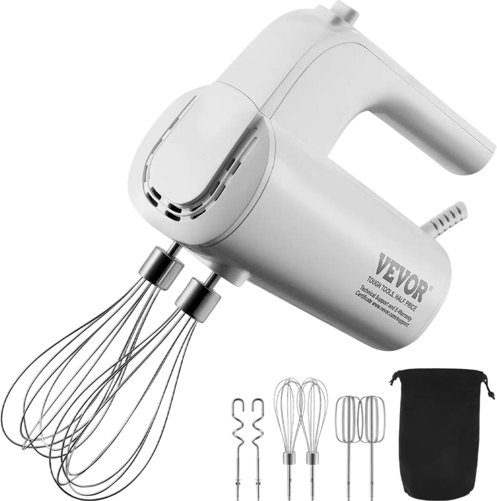VEVOR Digital Electric Hand Mixer, 5-Speed, 200W Portable Electric Handheld Mixer, with Turbo Boost Beaters Dough Hooks Whisk Storage Bag, Baking Supplies for Whipping Mixing Egg Cookie Cake Cream