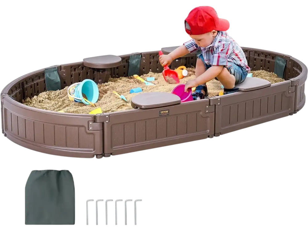 VEVOR Sandbox with Cover, 72 x 41.5 x 9.1 in Oval Sand Box, HDPE Sand Pit with 4 Corner Seating and Bottom Liner, Kids Sandbox for Outdoor Backyard, Beach, Park, Gift for Boys Girls Ages 3-12, Brown