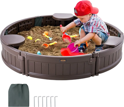 Vevor Sandbox Round Outdoor Kids Sand Box with Cover Brown New