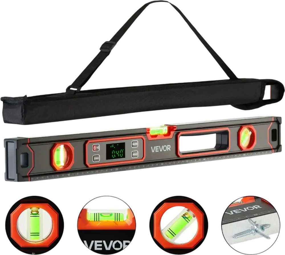 VEVOR Digital Level, 24 in Length, Magnetic Electronic Level with LED Backlit Display, 360° Electronic Leveler Tool with 0°/45°/90° Bubble Vials, IP54 Rating for Construction Carpentry Home Renovation