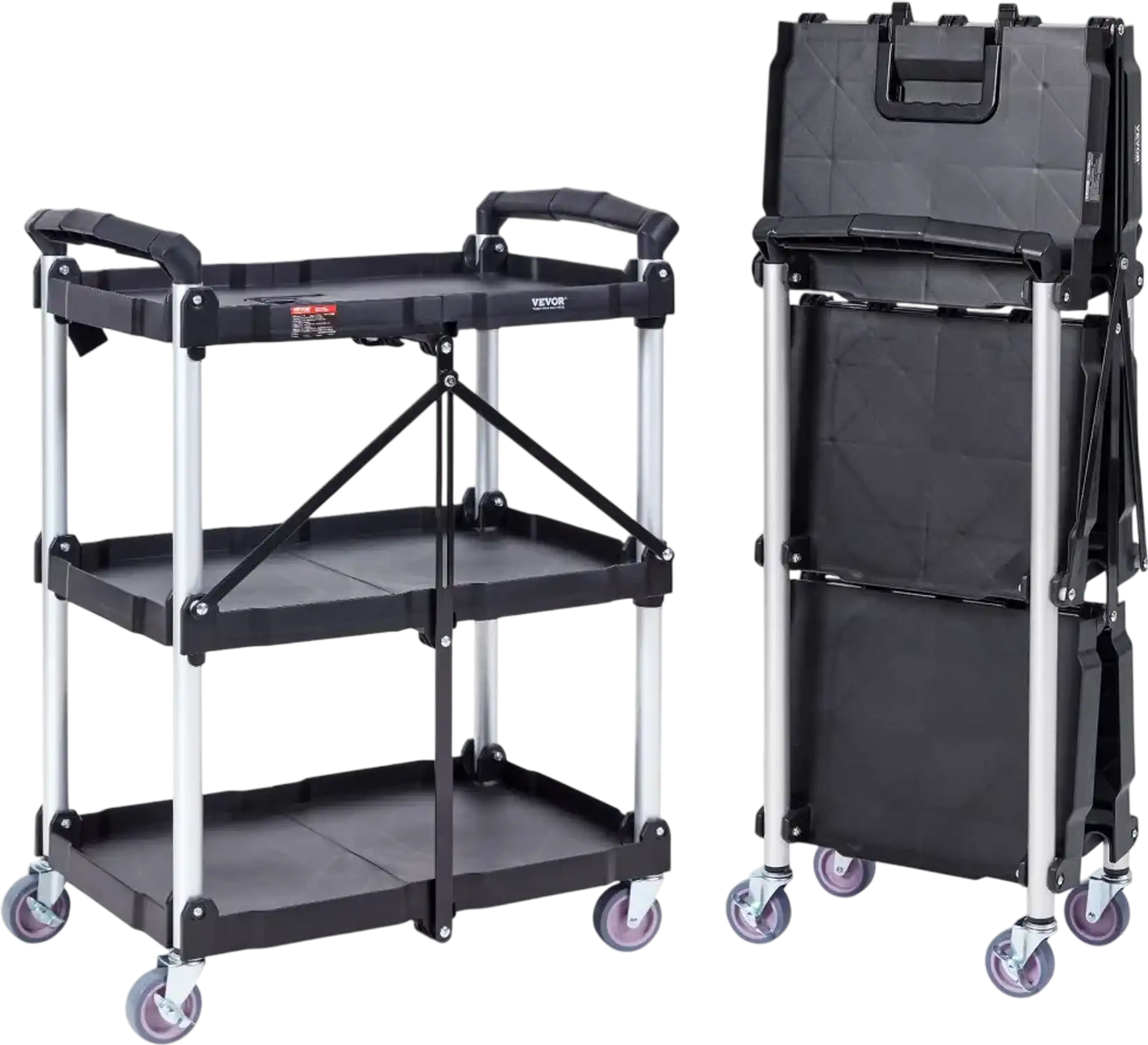 Vevor Utility Cart Foldable 3-Shelf Rolling Service Cart 165 lbs New