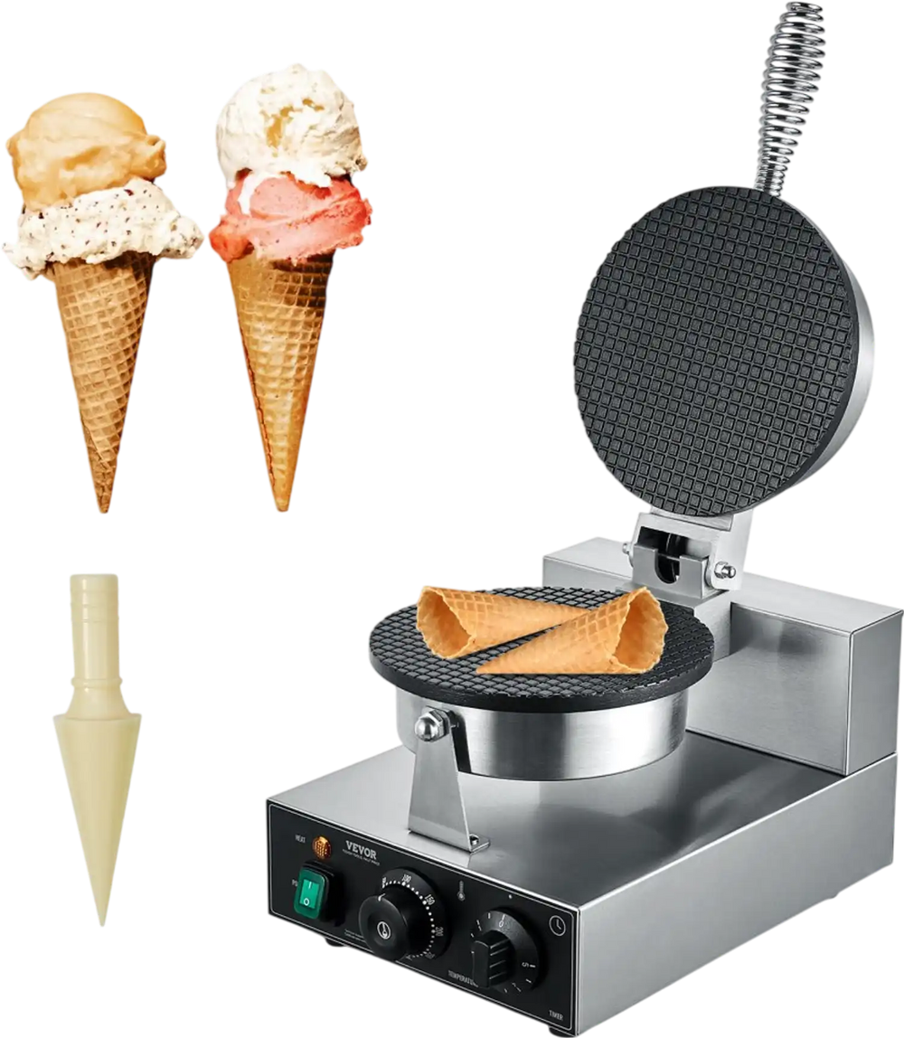 VEVOR Electric Ice Cream Cone Maker, Commercial 1230W Waffle Cone Machine, Non-Stick Stainless Steel Egg Roll Mold, with Temperature and Time Control, Handle, for Restaurant Bakery Snack Bar Family