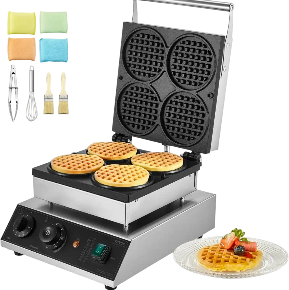 VEVOR Commercial Waffle Maker, 4PCS Round Waffle Baker Machine,1750W Non-Stick Stainless Steel Belgian Waffle Iron with Temperature and Time Control, for Restaurant Bakery Snack Bar Family