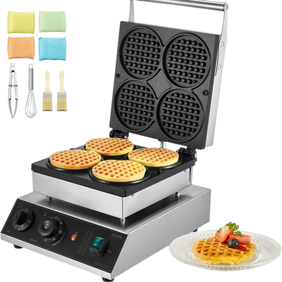 VEVOR Commercial Waffle Maker, 4PCS Round Waffle Baker Machine,1750W Non-Stick Stainless Steel Belgian Waffle Iron with Temperature and Time Control, for Restaurant Bakery Snack Bar Family