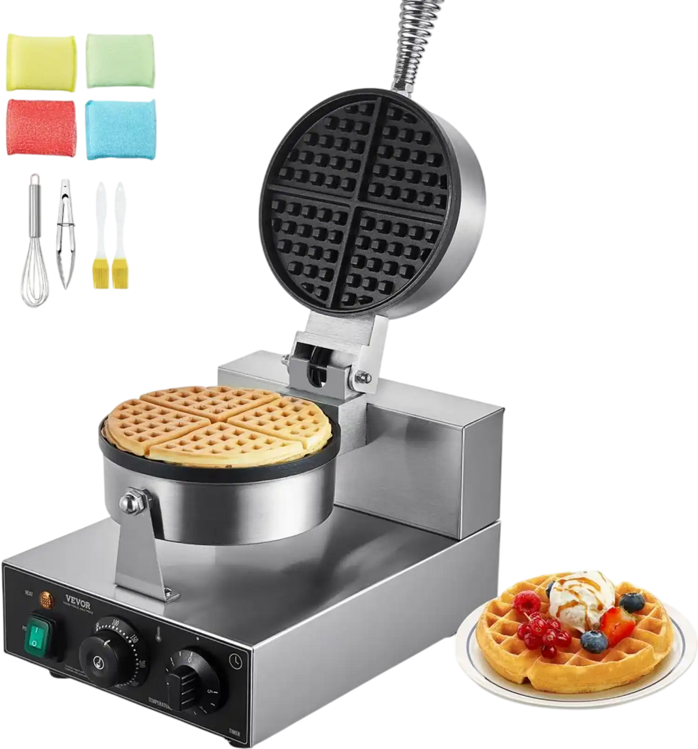 VEVOR Commercial Waffle Maker, 1230W Round Waffle Baker Machine, Non-Stick Stainless Steel Belgian Waffle Iron with Temperature and Time Control, Handle, for Restaurant Bakery Snack Bar Family