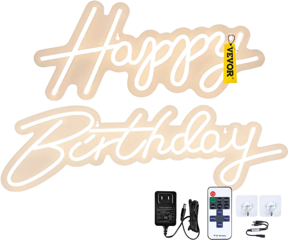 VEVOR Happy Birthday Neon Sign, 18" x 8" & 26" x 7.5" LED Neon Lights Signs, Adjustable Brightness with Dimmer Switch and Power Adapter, Reusable for Party, Club, Celebration and Decoration Warm W