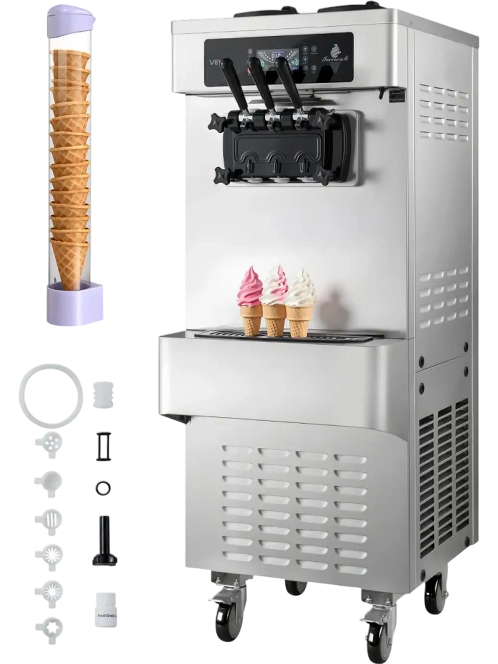 VEVOR Commercial Ice Cream Machine, 20-28L/H Yield, 2200W 3-Flavor Freestanding Soft Serve Ice Cream Maker with 2 x 6L Hoppers & Built-In Puffing Pump, Pre-Cooling Low-Mix Alert for Snack Dessert Shop