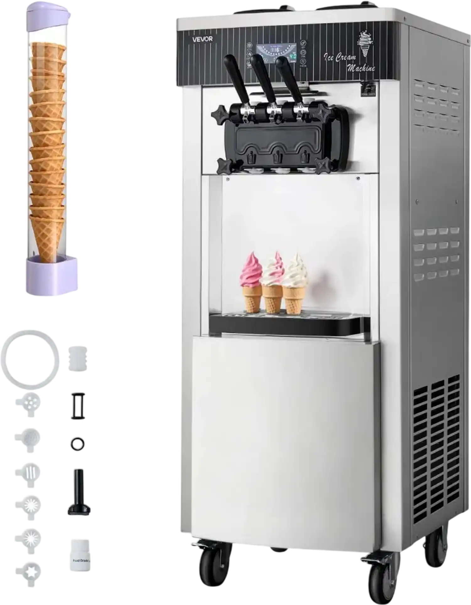 Vevor Soft Serve Ice Cream Machine 20-28 L/H 3-Flavor Freestanding 2200W New