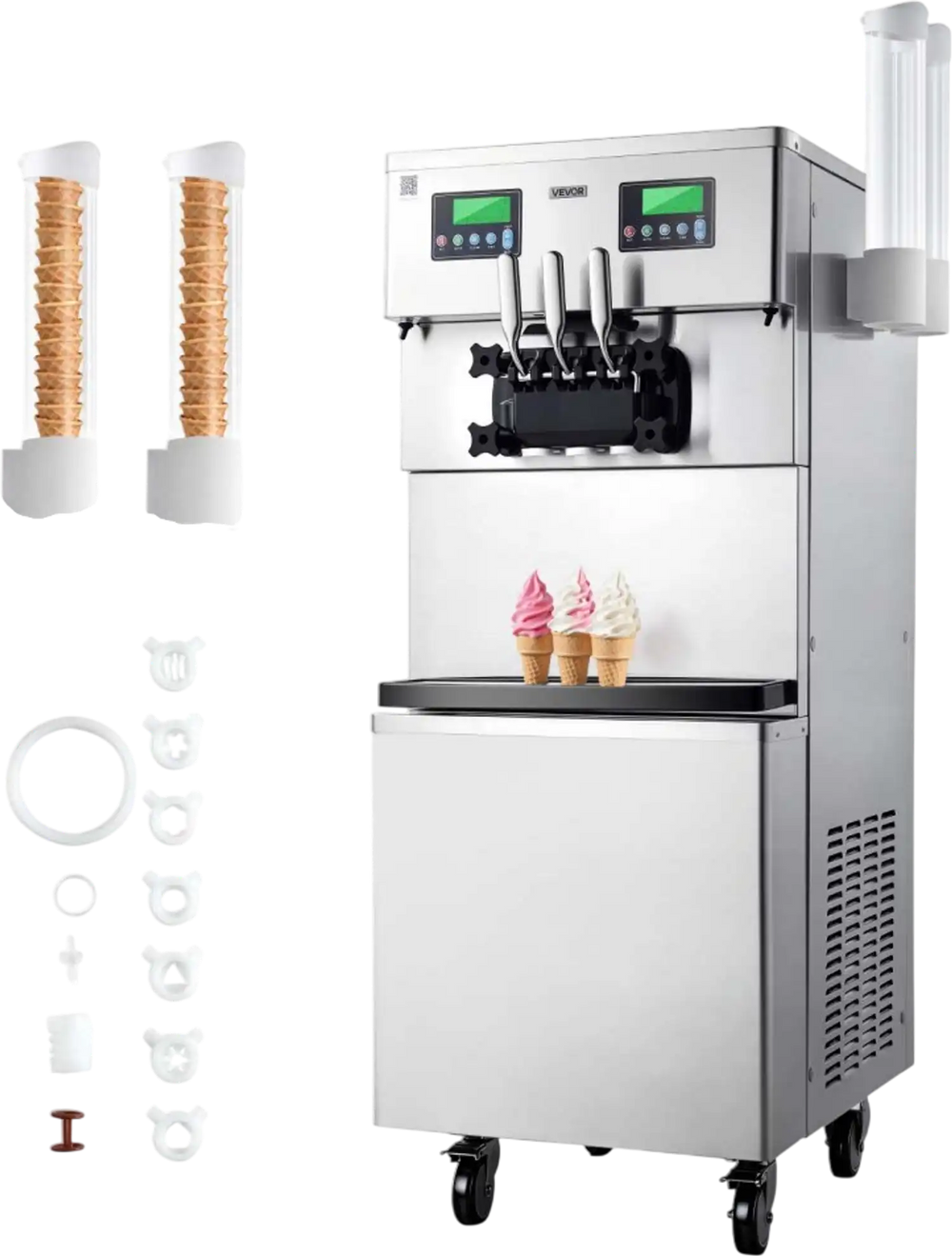 VEVOR Commercial Ice Cream Machine, 34-44L/H Yield, Dual-Compressor Freestanding Soft Serve Ice Cream Maker with 2*10L Hoppers & 3 Flavors, Pre-Cooling Puffing Low-Mix Alert for Snack Dessert Shops