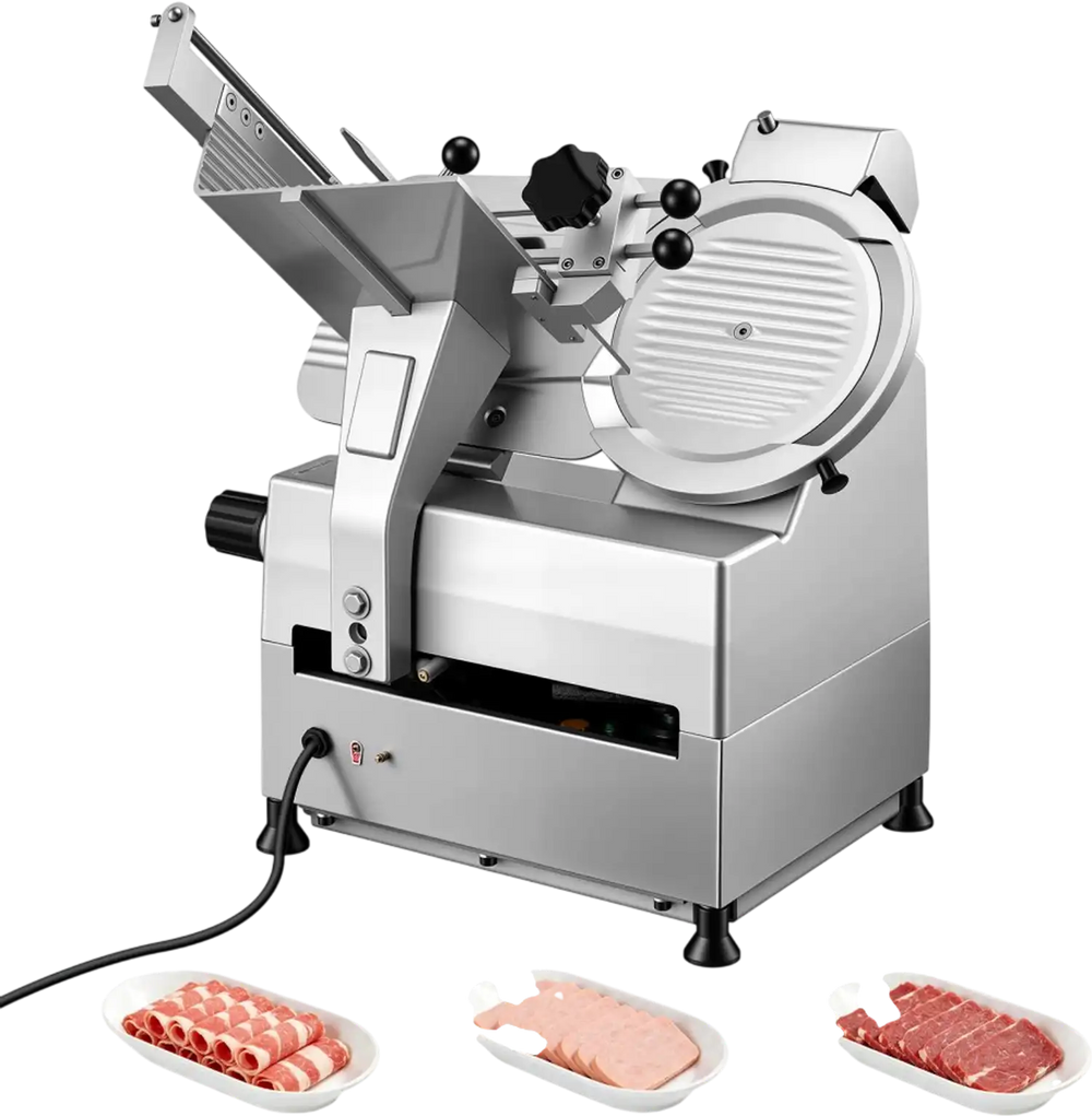 VEVOR Fully Automatic Meat Slicer, 180W + 370W Commercial Food-Slicer with 10" Carbon Steel Blade, Built-In Sharpener & 0-0.3" Adjustable Thickness for Frozen Meat, Ham, Baguett, Steak