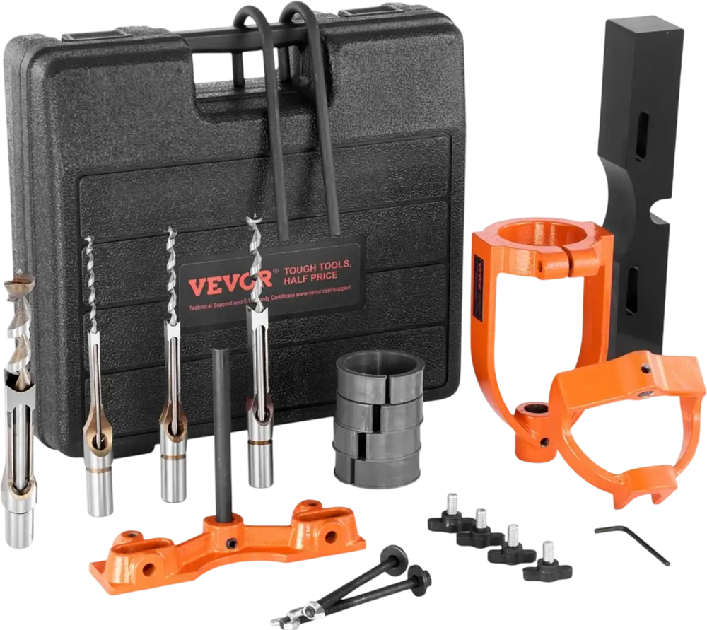 VEVOR Mortising Attachment for Drill Press, 4 Model Drills Square Hole Chisel Set, Bench Drill Locator Set Mortise and Tenon Tools with 5 Bushings, for Woodworking Mortising Tenoning Drilling Machine