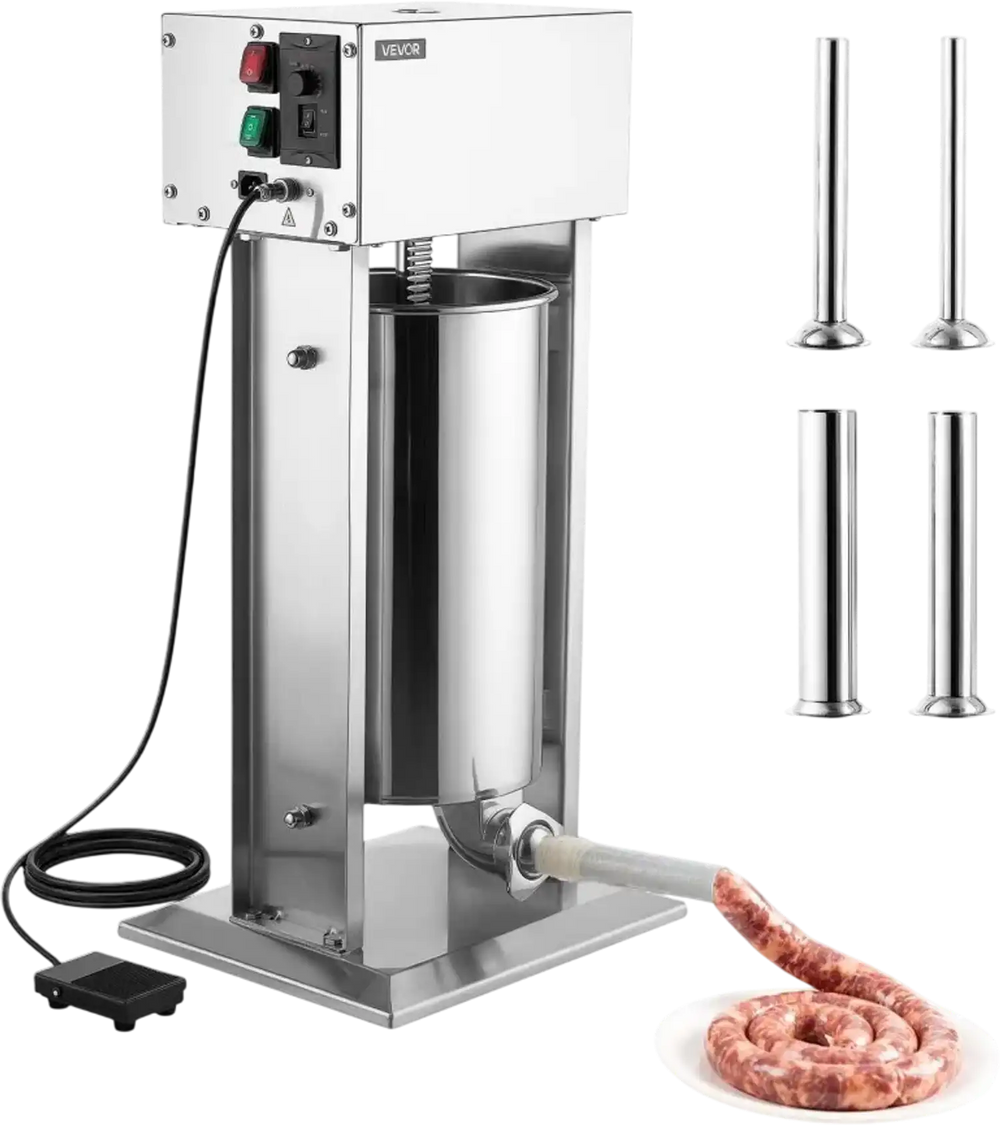 VEVOR Electric Sausage Stuffer 33 lbs Vertical Meat Maker Stainless Steel, for Commercial Use, Stepless Speed Control Meat Stuffer, Sausage Filler Kit, 4 Filling Tubes & Foot Pedal, ETL Approved