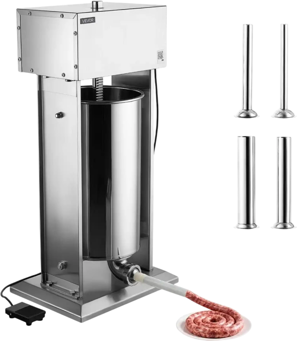 VEVOR Electric Sausage Stuffer 55 lbs Vertical Meat Maker Stainless Steel, for Commercial Use, Stepless Speed Control Meat Stuffer, Sausage Filler Kit, 4 Filling Tubes & Foot Pedal, ETL Approved