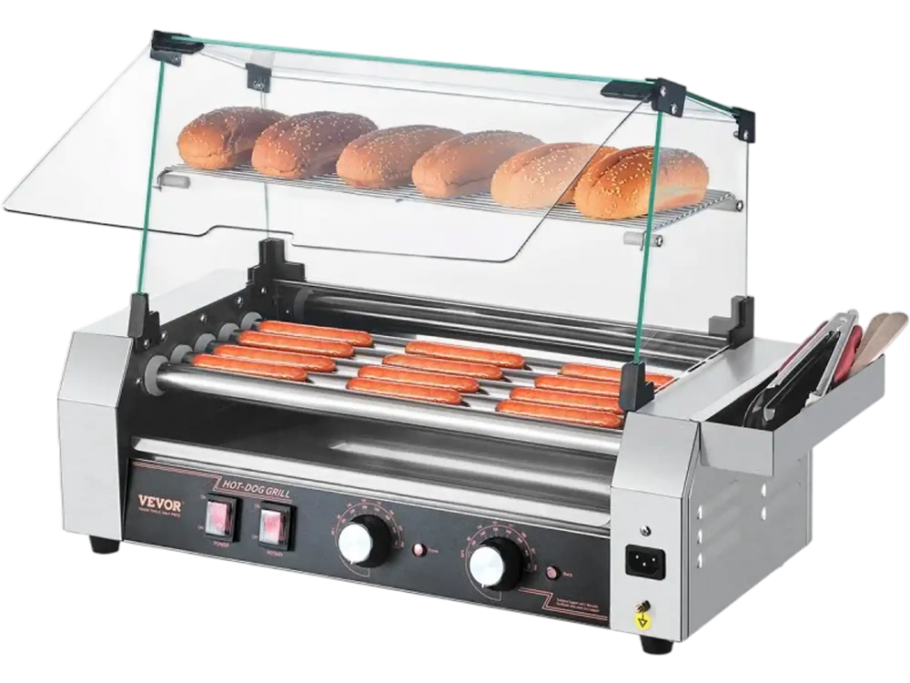 VEVOR Hot Dog Roller, 12 Hot Dog 5 Rollers, Stainless Steel Sausage Grill Cooker, 750W Commercial Hot Dog Machine with Dual Temp Control, Cover, Side Storage Box, Removable Shelf & Oil Drip Tray