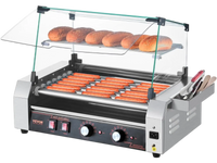 VEVOR Hot Dog Roller, 18 Hot Dog 7 Rollers, Stainless Steel Sausage Grill Cooker, 1050W Commercial Hot Dog Machine with Dual Temp Control, Cover, Side Storage Box, Removable Shelf & Oil Drip Tray