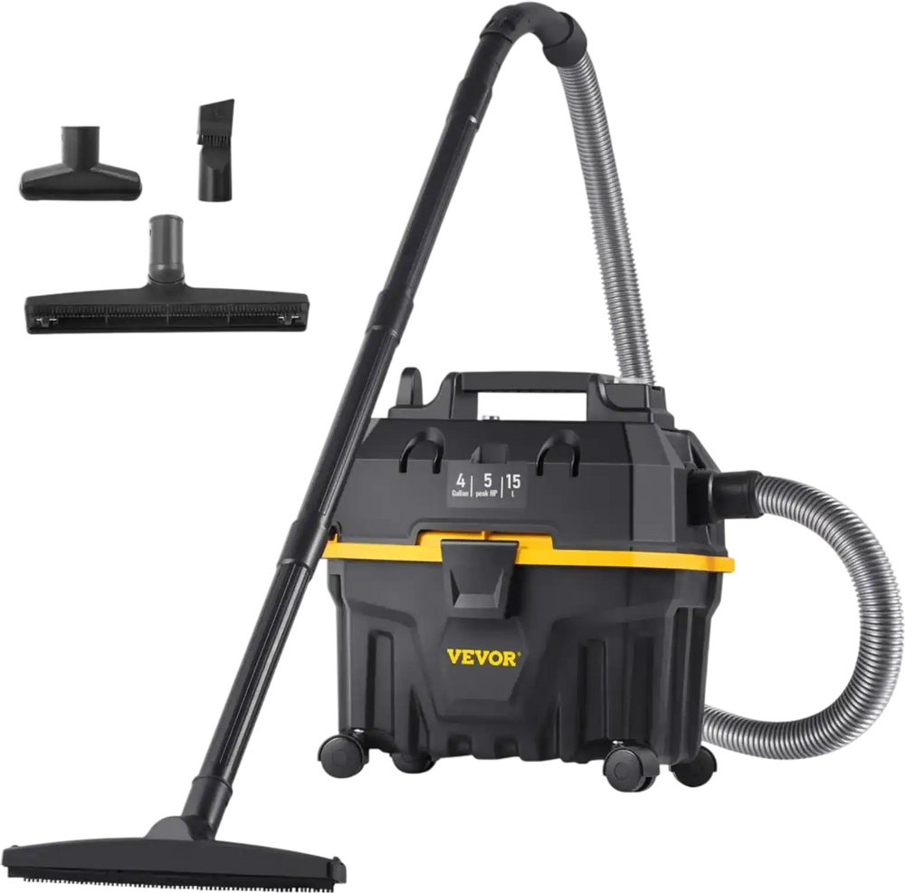 VEVOR Wet Dry Vac, 4 Gallon, 5 Peak HP, 3 in 1 Shop Vacuum with Blowing Function Portable Attachments to Clean Floor, Upholstery, Gap, Car, ETL Listed, Black/Yellow