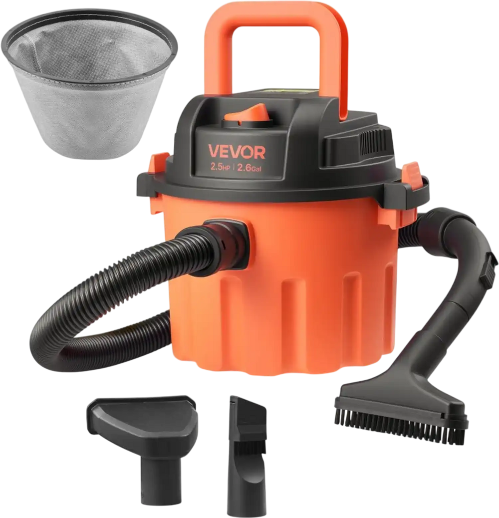 VEVOR Shop Vac, 2.6 Gallon Dry Shop Vacuum, 2.5 Peak HP Portable with 800W Input Power, Various Nozzles, 1.25in Diameter x 4ft Hose, 9.2ft Cord for Home, Garage, Jobsite, Workshop, Black Orange