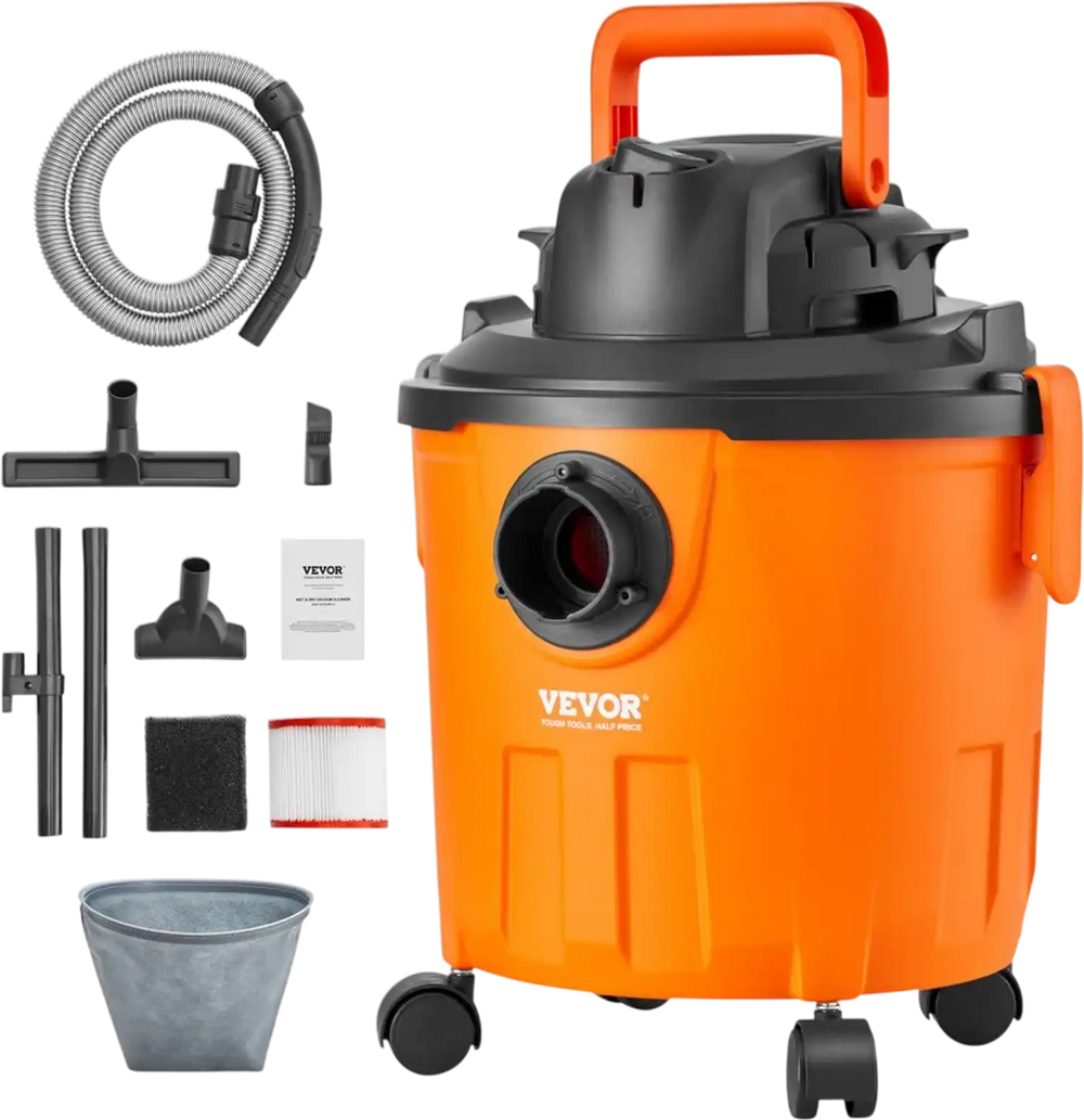 VEVOR Shop Vacuum Wet And Dry, 5 Gallon 6 Peak HP Wet/Dry Vac, Powerful Suction with Blower Function with Attachments 2-in-1 Crevice Nozzle, Small Shop Vac Perfect for Carpet Debris, Pet Hair, Car