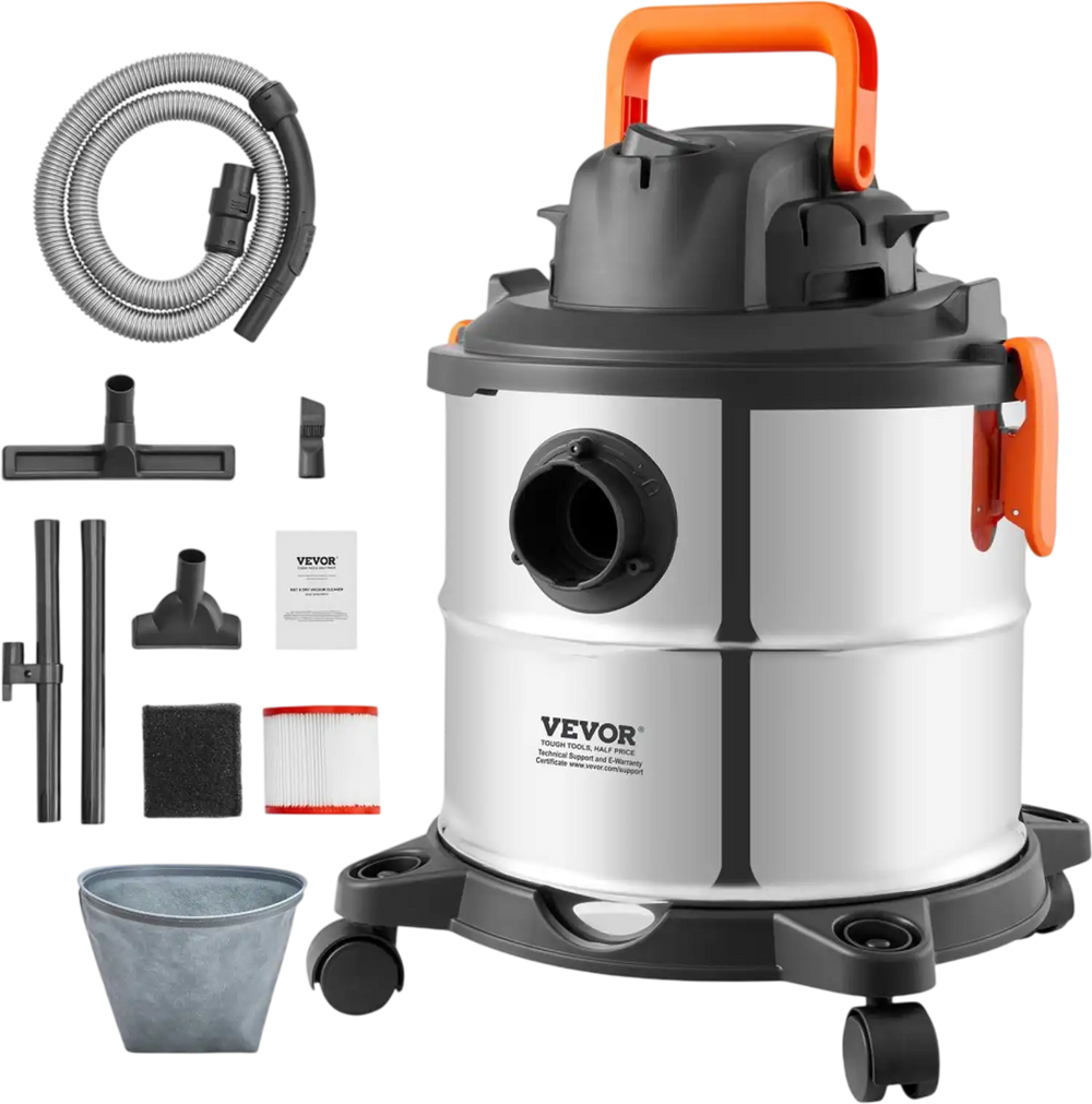 VEVOR Stainless Steel Wet Dry Shop Vacuum, 5.5 Gallon 6 Peak HP Wet/Dry Vac, Powerful Suction with Blower Function w/ Attachment 2-in-1 Crevice Nozzle, Small Vac Perfect for Carpet Debris, Pet Hair