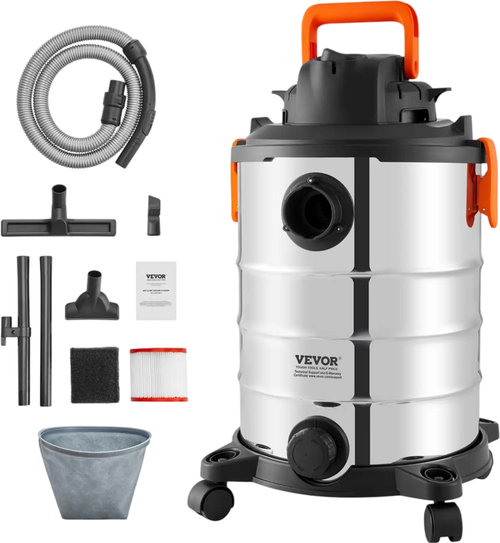 VEVOR Stainless Steel Wet Dry Shop Vacuum, 8 Gallon 6 Peak HP Wet/Dry Vac, Powerful Suction with Blower Function w/ Attachment 2-in-1 Crevice Nozzle, Small Shop Vac Perfect for Carpet Debris, Pet Hair