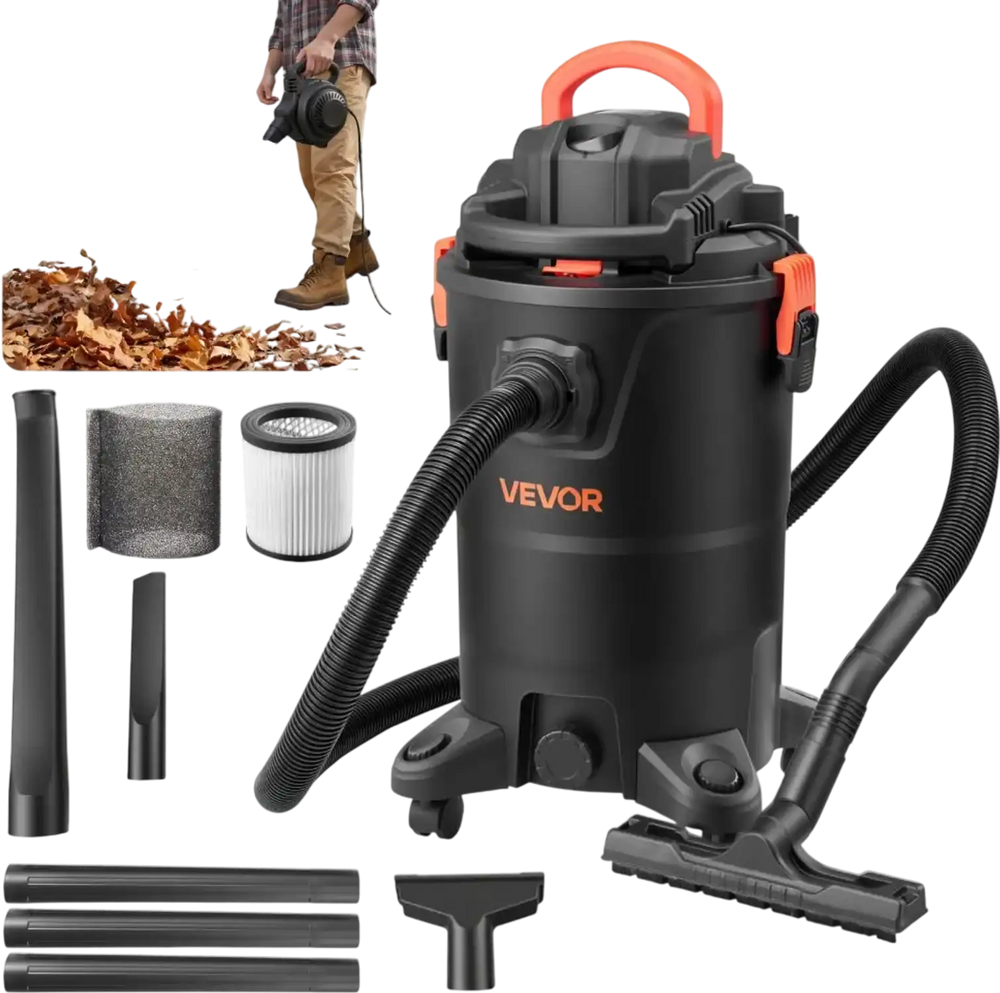 VEVOR 3-in-1 Shop Vac, 11 Gallon Wet Dry Shop Vacuum, 4.5 Peak HP Portable Vacuum Cleaner with Blower, Dual-Filter, 1350W Input Power, 1.25in x 7ft Hose, 9.8ft Cord for Jobsite, Workshop, Garage, Home