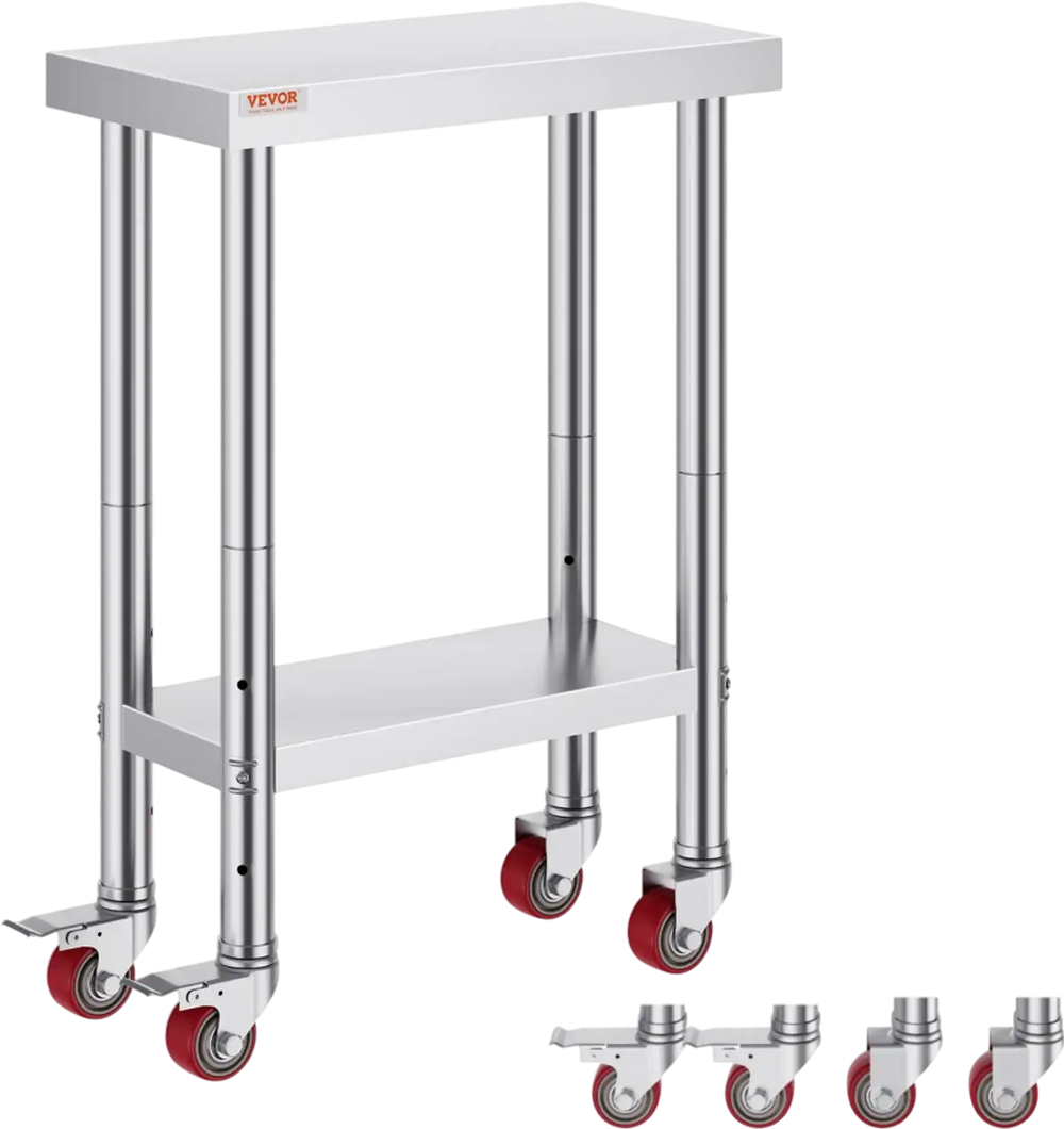 VEVOR Stainless Steel Work Table 12 x 24 x 34 Inch, 700 LBS Load Capacity with 4 Wheels, 3 Adjustable Height Levels, Heavy Duty Food Prep Worktable for Commercial Kitchen Restaurant, Silver