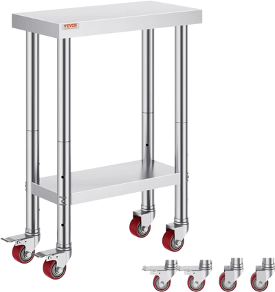 VEVOR Stainless Steel Work Table 12 x 24 x 34 Inch, 700 LBS Load Capacity with 4 Wheels, 3 Adjustable Height Levels, Heavy Duty Food Prep Worktable for Commercial Kitchen Restaurant, Silver