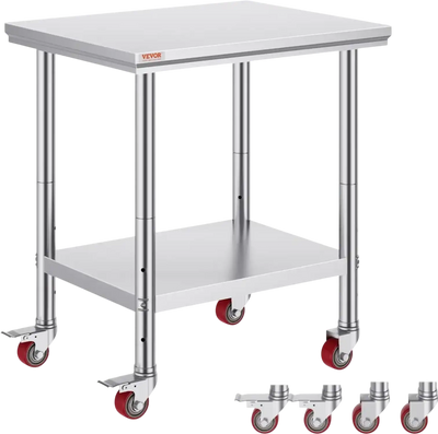 VEVOR Stainless Steel Work Table 30 x 24 x 33 Inch, 700 LBS Load Capacity with 4 Wheels, 3 Adjustable Height Levels, Heavy Duty Food Prep Worktable for Commercial Kitchen Restaurant, Silver