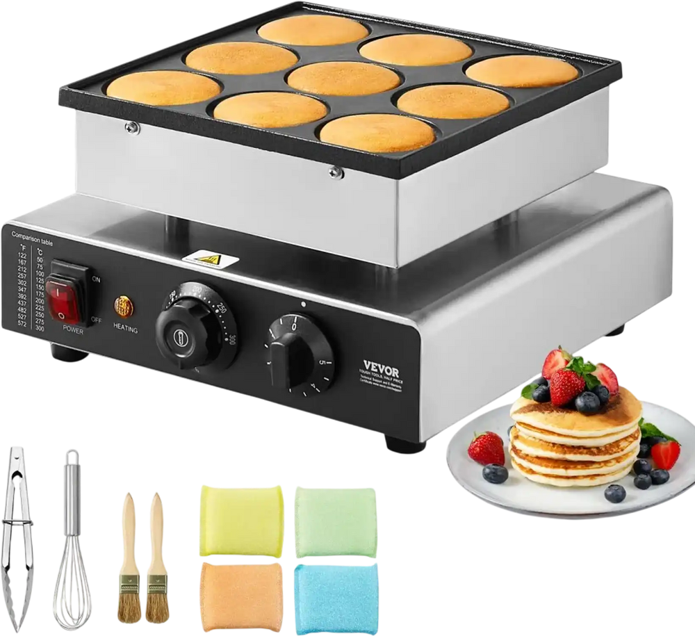 VEVOR Dutch Pancake Maker, 9PCS 76mm Diameter Dorayaki Baker Machine, 850W Commercial Electric Poffertjes Grill, Non-stick Stainless Steel, Temp & Time Control, for Home Kitchen Restaurant Snack Bar