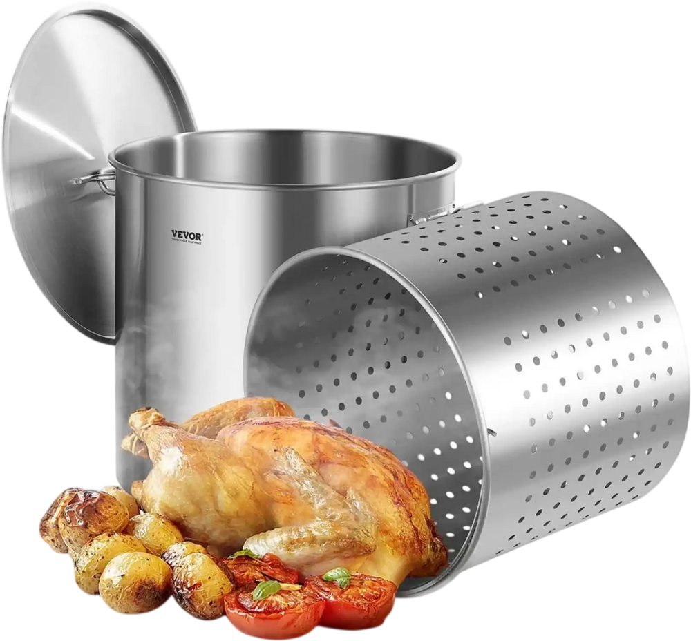 VEVOR Stainless Steel Stockpot, 100 Quart Large Cooking Pots, Cookware Sauce Pot with Basket, Lid, and Handle, Heavy Duty Commercial Grade Stock Pot, Sanding Treatment, for Large Groups Events Silver