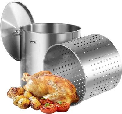 VEVOR Stainless Steel Stockpot, 100 Quart Large Cooking Pots, Cookware Sauce Pot with Basket, Lid, and Handle, Heavy Duty Commercial Grade Stock Pot, Sanding Treatment, for Large Groups Events Silver