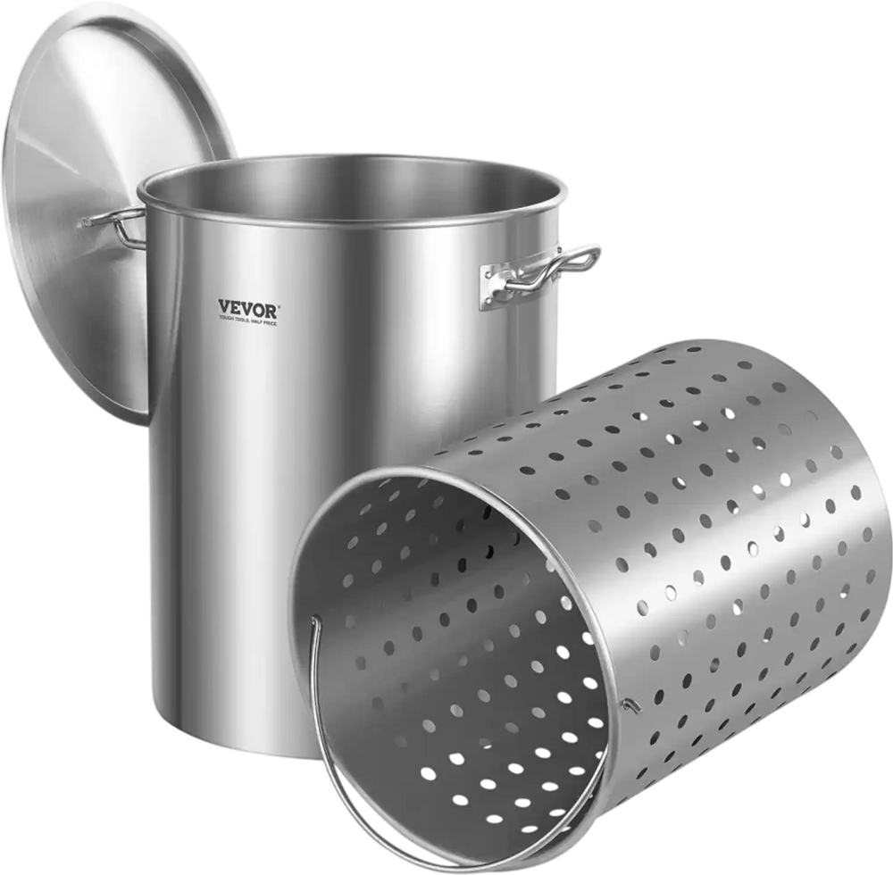 VEVOR Stainless Steel Stockpot, 36 Quart Cooking Pots, Cookware Sauce Pot with Basket, Lid, and Handle, Heavy Duty Commercial Grade Stock Pot, Sanding Treatment, for Steaming Boiling or Frying Silver