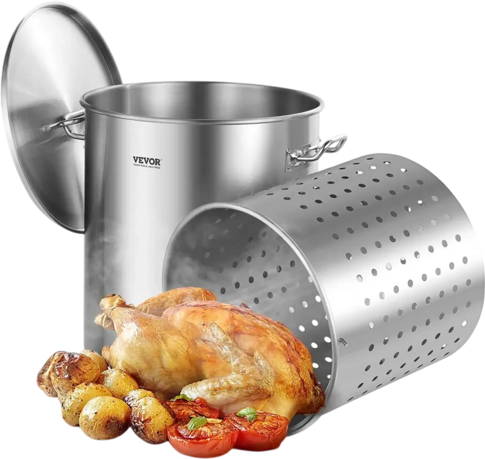 VEVOR Stainless Steel Stockpot, 54L Large Cooking Pots, Cookware Sauce Pot with Basket, Lid, and Handle, Heavy Duty Commercial Grade Stock Pot, Sanding Treatment, for Large Groups Events Silver