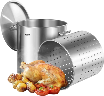 VEVOR Stainless Steel Stockpot, 84 Quart Large Cooking Pots, Cookware Sauce Pot with Basket, Lid, and Handle, Heavy Duty Commercial Grade Stock Pot, Sanding Treatment, for Large Groups Events Silver