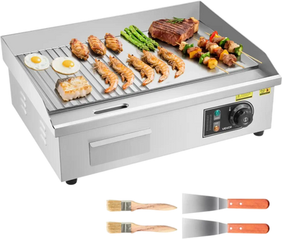 VEVOR Commercial Electric Griddle, 21.06 x 11.81 inch, 1750W, 122-570°F Adjustable Temp Control, Stainless Steel Body, Half Grooved Half Flat, with 2 Spatulas, 2 Brushes, and 4 Foot Pads, for Steak