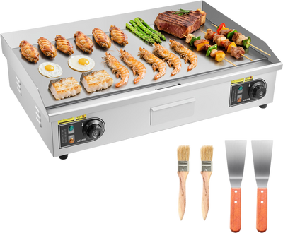 VEVOR Commercial Electric Griddle, 28.54 x 15.75 in, 4400W, 122-570°F Adjustable Temp Control, Stainless Steel Countertop Full Flat Top Grill with 2 Spatulas, 2 Brushes, for Steak, Pancake(NO PLUG)