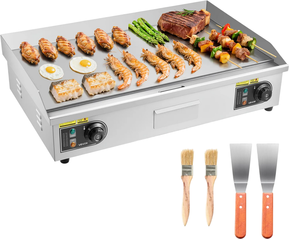 VEVOR Commercial Electric Griddle, 28.54 x 15.75 in, 2800W, 122-570°F Adjustable Temp Control, Stainless Steel Countertop Flat Top Grill with 2 Spatulas, 2 Brushes, and 4 Foot Pads, for Steak