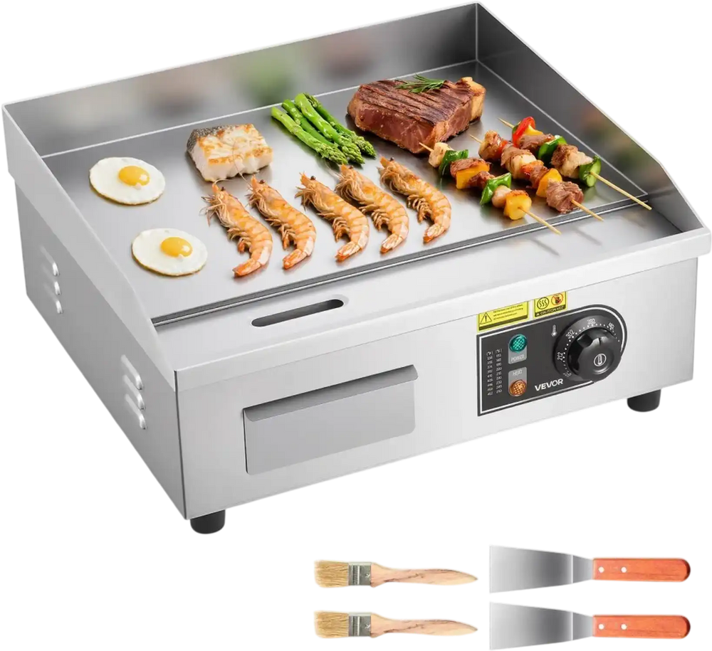 VEVOR Commercial Electric Griddle, 17.72 x 11.81 inch, 1750W, 122-570°F Adjustable Temp Control, Stainless Steel Countertop Flat Top Grill with 2 Spatulas, 2 Brushes, and 4 Foot Pads, for Steak