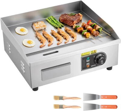 VEVOR Commercial Electric Griddle, 17.72 x 11.81 inch, 1750W, 122-570°F Adjustable Temp Control, Stainless Steel Countertop Flat Top Grill with 2 Spatulas, 2 Brushes, and 4 Foot Pads, for Steak