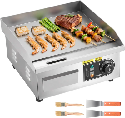 VEVOR Commercial Electric Griddle, 13.98 x 11.81 inch, 1750W, 122-570°F Adjustable Temp Control, Stainless Steel Countertop Flat Top Grill with 2 Spatulas and 2 Brushes, for Steak, Pancake, Squid